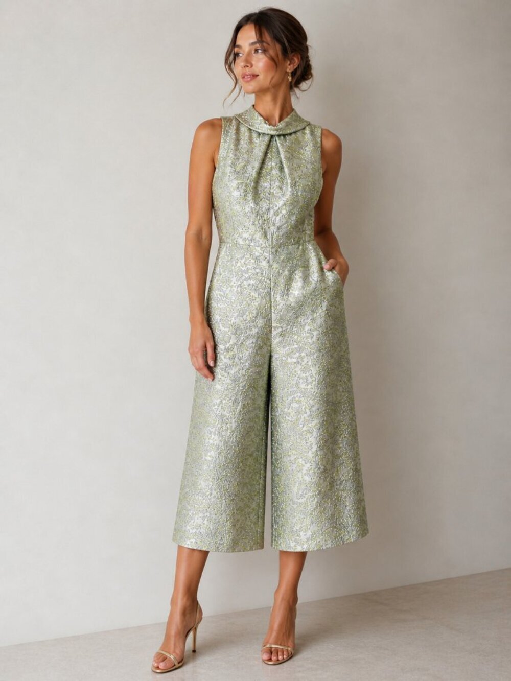 Vintage Missy House of Canada Silver Lurex Green Textured Cocktail Jumpsuit M